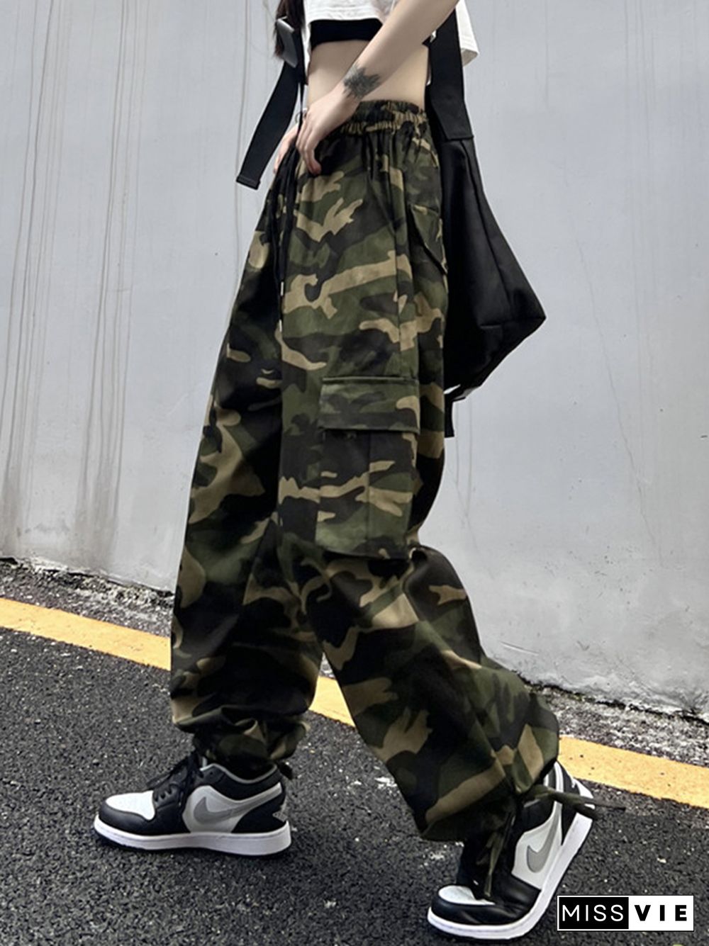 Hip-Hop Wide Leg Drawstring Camouflage  Pants