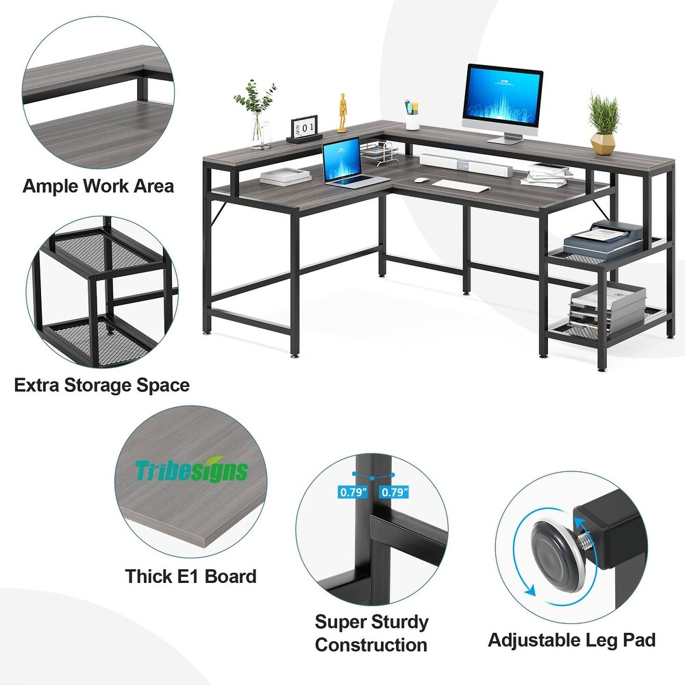 Reversible L Shaped Desk with Monitor Shoelf  Large Computer Desk for Office Home