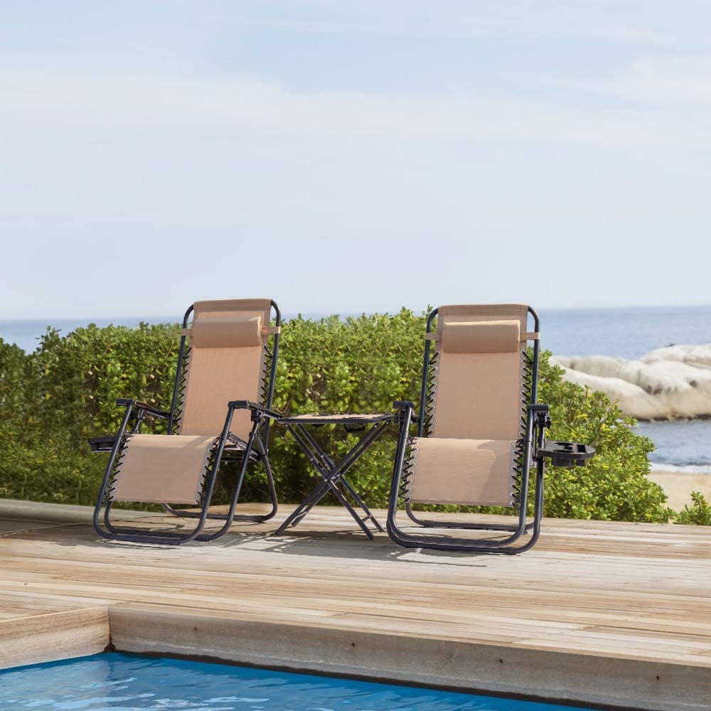 Lacoo Zero Gravity Chair Set with Table and Cup Holders Adjustable Lounge Chair for Poolside, Yard and Patio,Beige