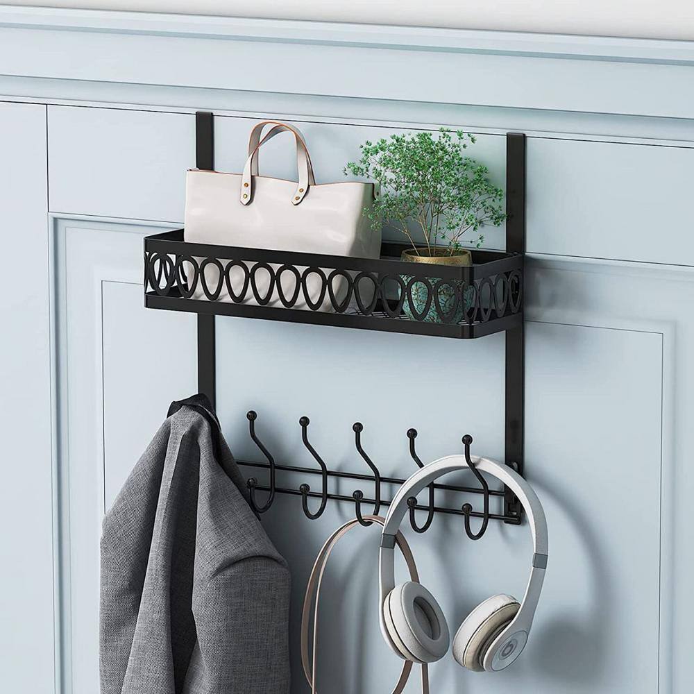 Aoibox 15.6 in. Shower Caddy Basket Metal Over the Door Hooks Door Hanger Organizer with Hooks  Racks in Black SNMX4749