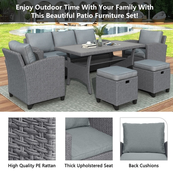 6Piece Outdoor Patio Rattan Wicker Sofa Conversation Set with Cushion and Chair，Stools and Table