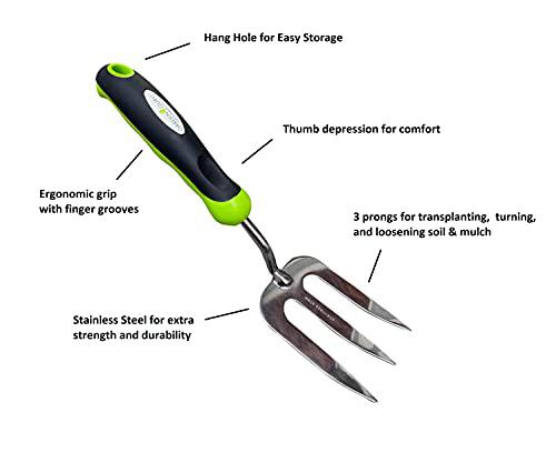 Garden Guru Stainless Steel Hand Weeder Fork Tool - Rust Resistant Stainless Steel - Ergonomic Handle - Great for Planting, Spreading Mulch, Weeding, Loosening & Transplanting Soil