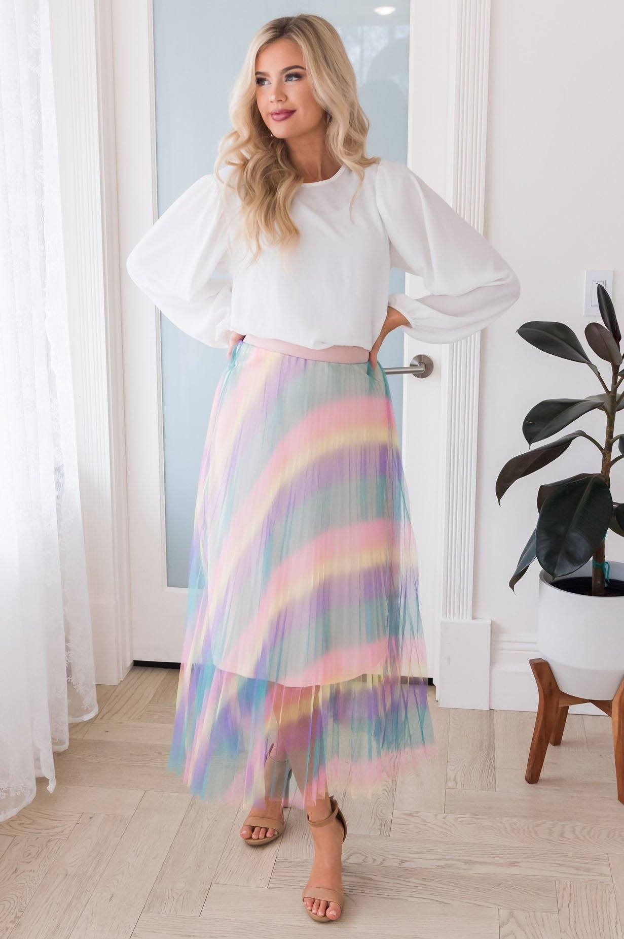 Vibrant Rainbow Modest Tulle Skirt