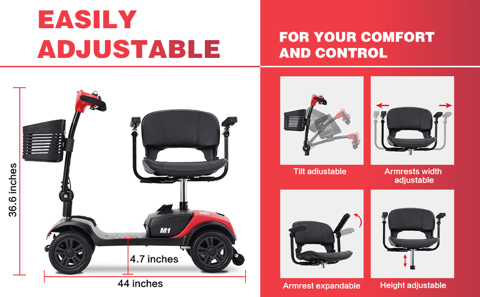 Outdoor Compact Mobility Scooter for Seniors, Foldable Electric Powered Mobile Wheelchair with Basket, 265 LBS Max Weight Capacity, Collapsible & Compact for Travel with Family (Red)