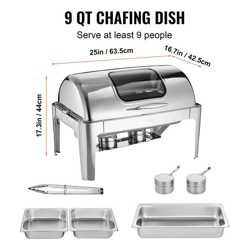 VEVOR 9 qt. Roll Top Chafing Dish Buffet Set Stainless Steel Chafer with 2 Half Size Pans Rectangle Catering Warmer Server ZFXKCLJT19QT2B78CV0