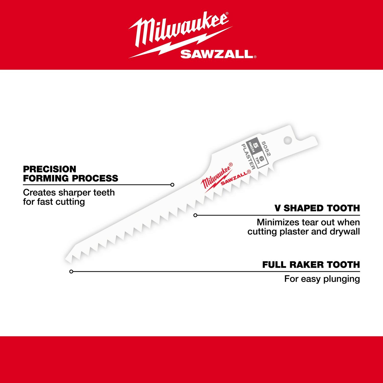 MW SAWZALL 5 in. Bi-Metal Plaster Reciprocating Saw Blade 6 TPI 5 pk