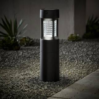 Hampton Bay Limestone Solar Silver Motion Sensing Integrated LED Bollard Light with Adjustable Height (2-Pack) 93123