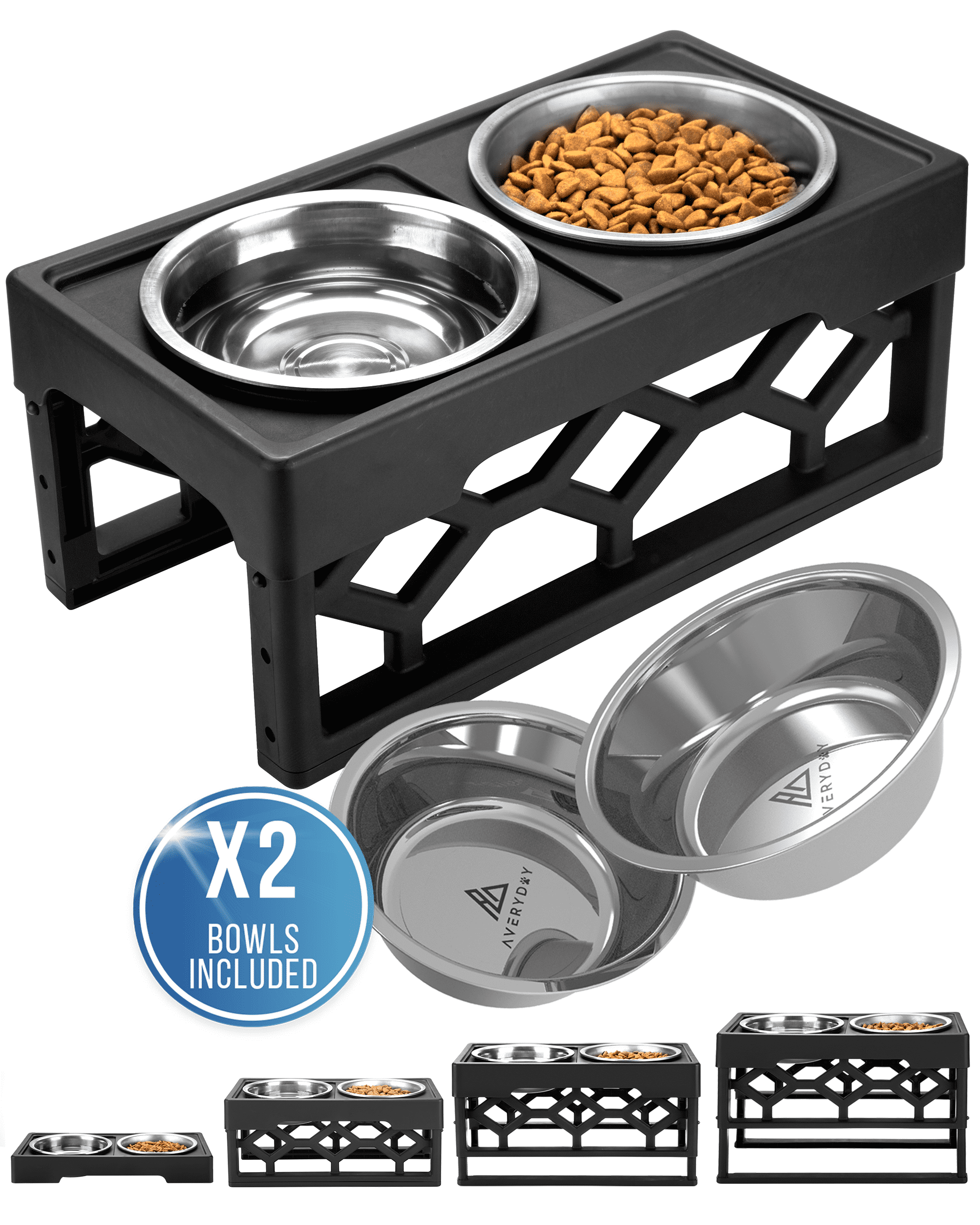 AVERYDAY Large Elevated Dog Bowls Holder with 2 Water Bowls, 4 Heights 2.9" 8.8" 10.7" 12.7" Dog Feeding Station, Adjustable Tall Raised Dog Food Bowls Stand for Medium Large Size Dog