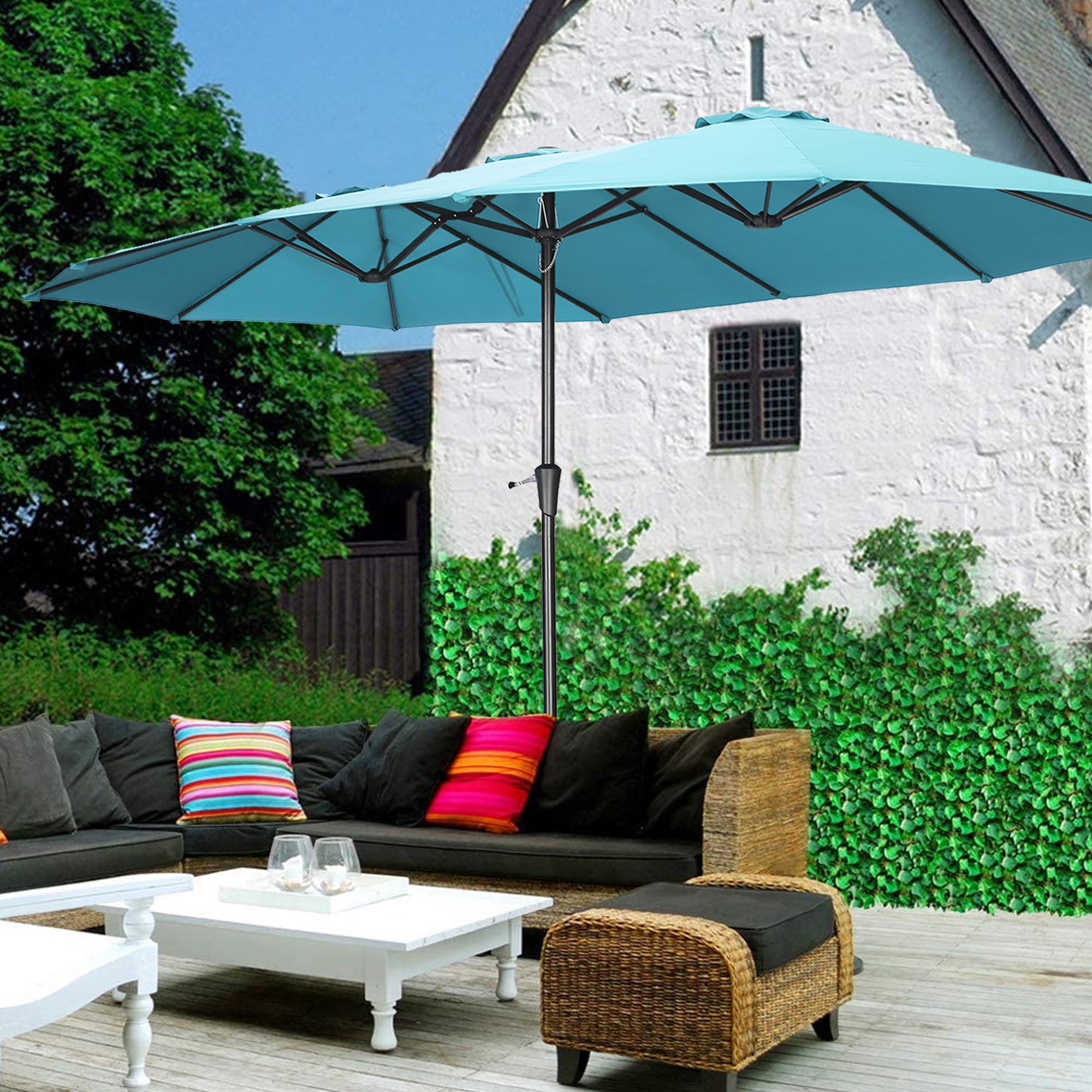 Autlaycil 15ft Patio Umbrellas Double-Sided Outdoor Market Extra Large Umbrella with Crank-Blue