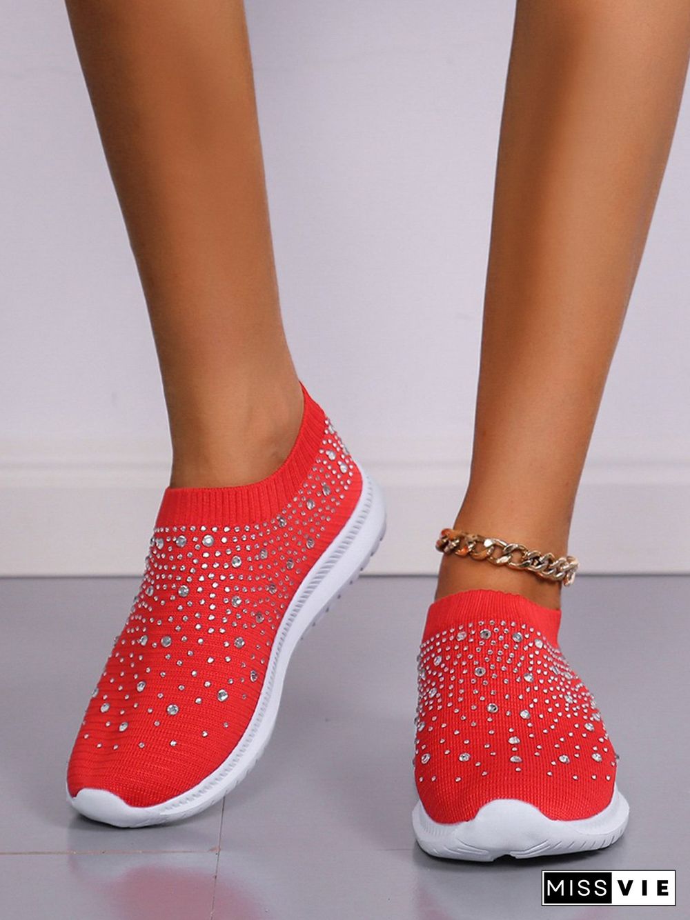 Rhinestone Design Portable Overfoot Lightweight Flyknit Sneakers