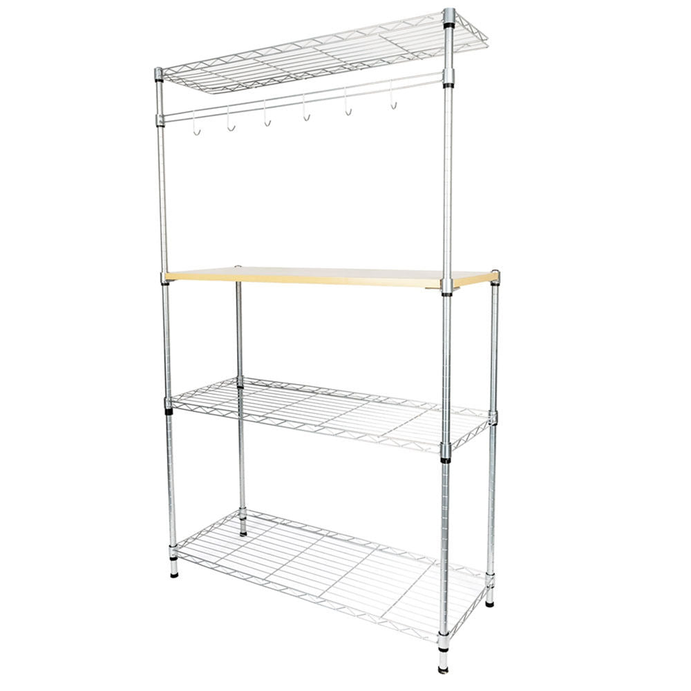 4 Tiers Kitchen Baker’s Rack Steel Storage Rack Microwave Oven Stand Storage Cart with 6 Hanging Hooks Cutting Board