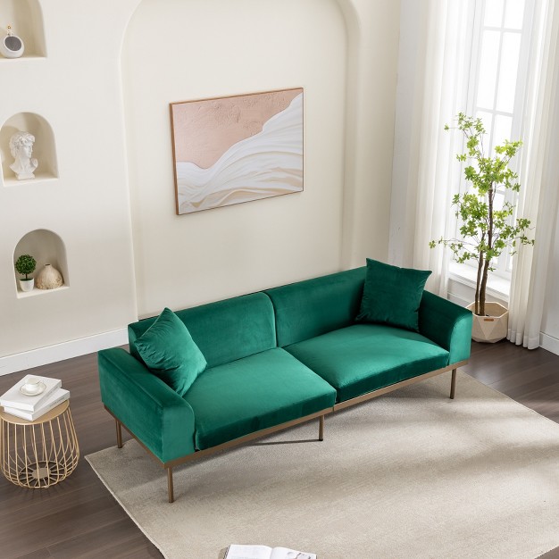 Modern Velvet Loveseat Sofa With Metal Legs And Two Pillows modernluxe