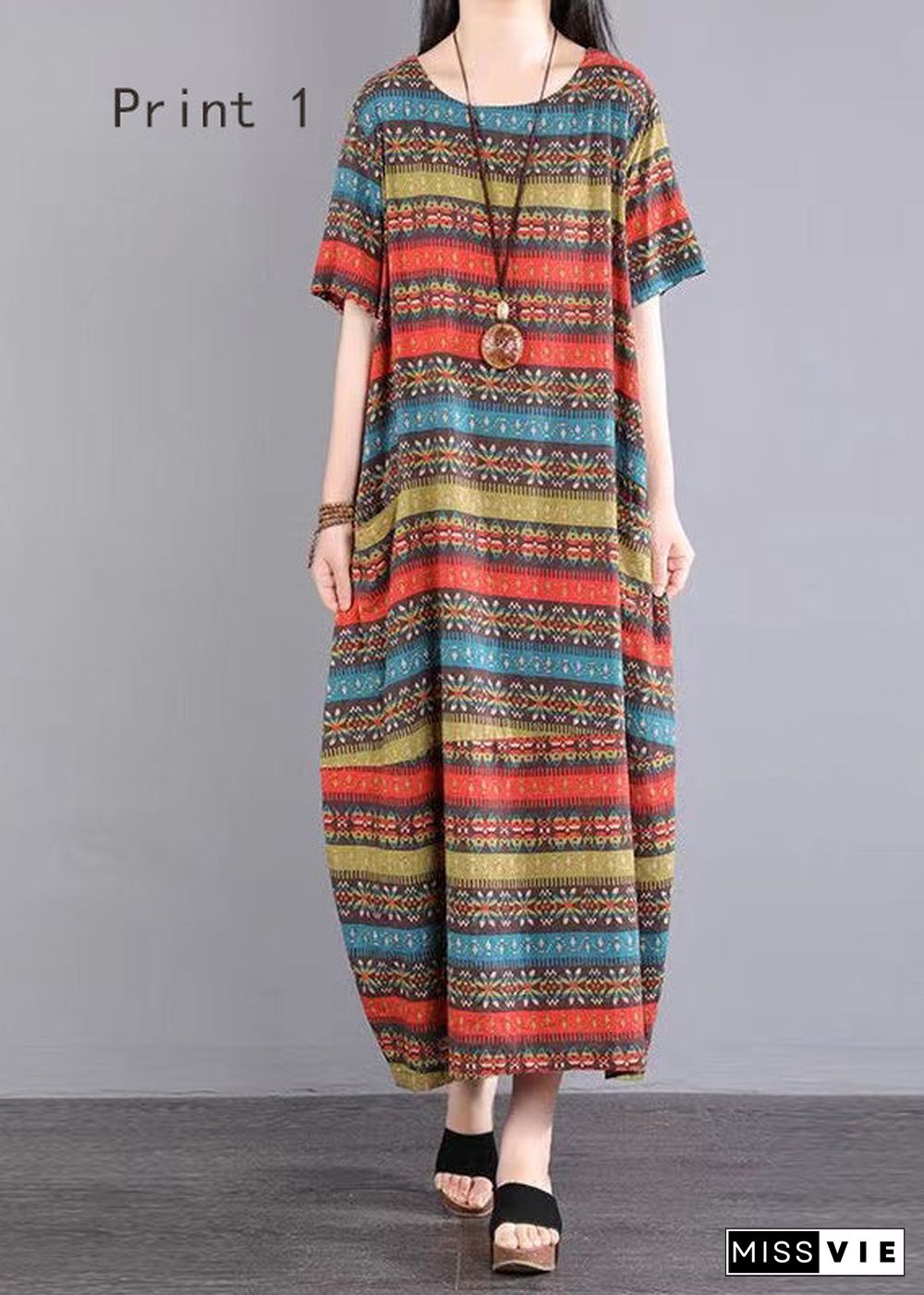 Handmade O Neck Print Patchwork Cotton Long Dress Summer