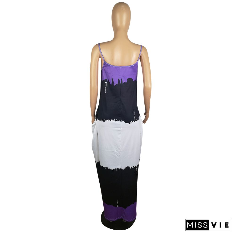 Tie Dye Spaghetti Straps Loose Pocket Maxi Dress