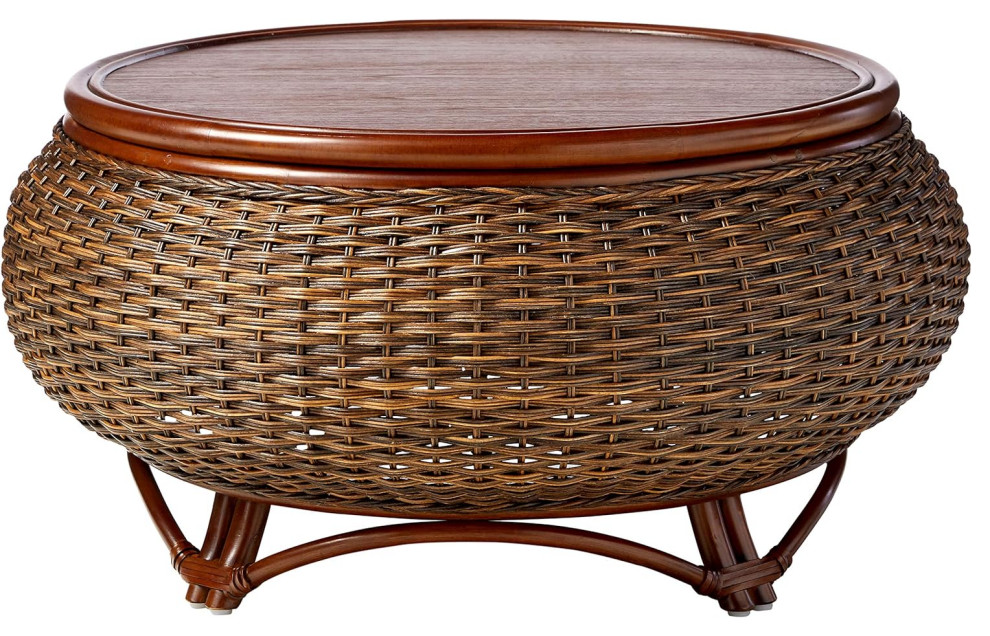 Traditional Coffee Table  Drum Shaped Rattan Construction With Round Top  Sienna   Tropical   Coffee Tables   by Decor Love  Houzz