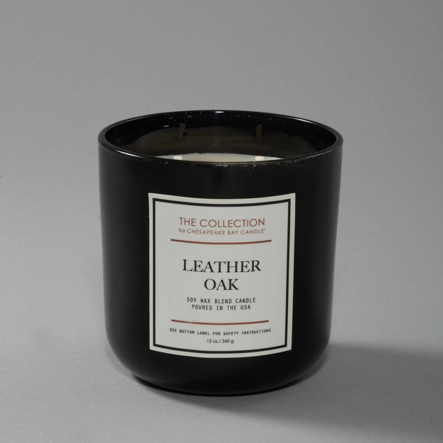 2 wick Black Glass Leather Oak Lidded Jar Candle 12oz The Collection By Chesapeake Bay Candle