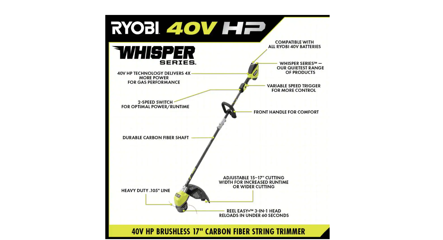 RYOBI RY402110VNM 40V HP Brushless Whisper Series 17 in. Cordless Battery Carbon Fiber Shaft String Trimmer w/ 6.0 Ah Battery and Charger