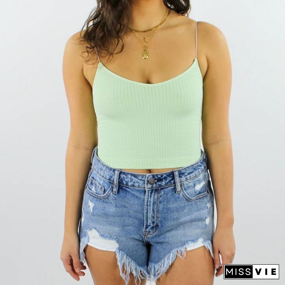 Scoop Neck Rib Knit Crop Top Knitted Tank Cami Top