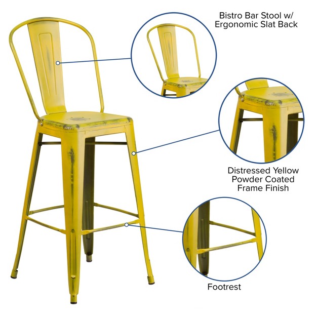 Emma And Oliver Commercial Gradeh Distressed Colorful Metal Indoor outdoor Barstool W Back