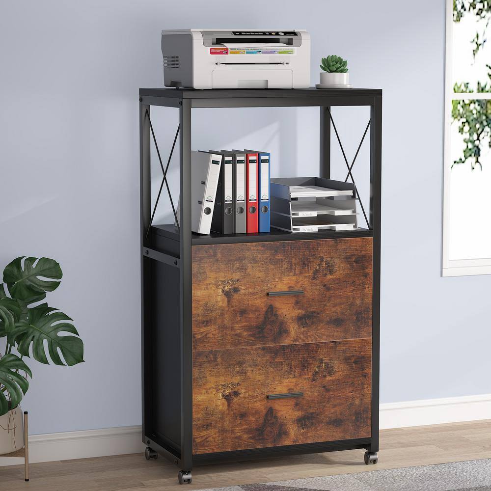 BYBLIGHT Atencio Rustic Brown Rolling File Cabinet with 2 Drawer and Open Storage for Legal Size BB-CJ188XL