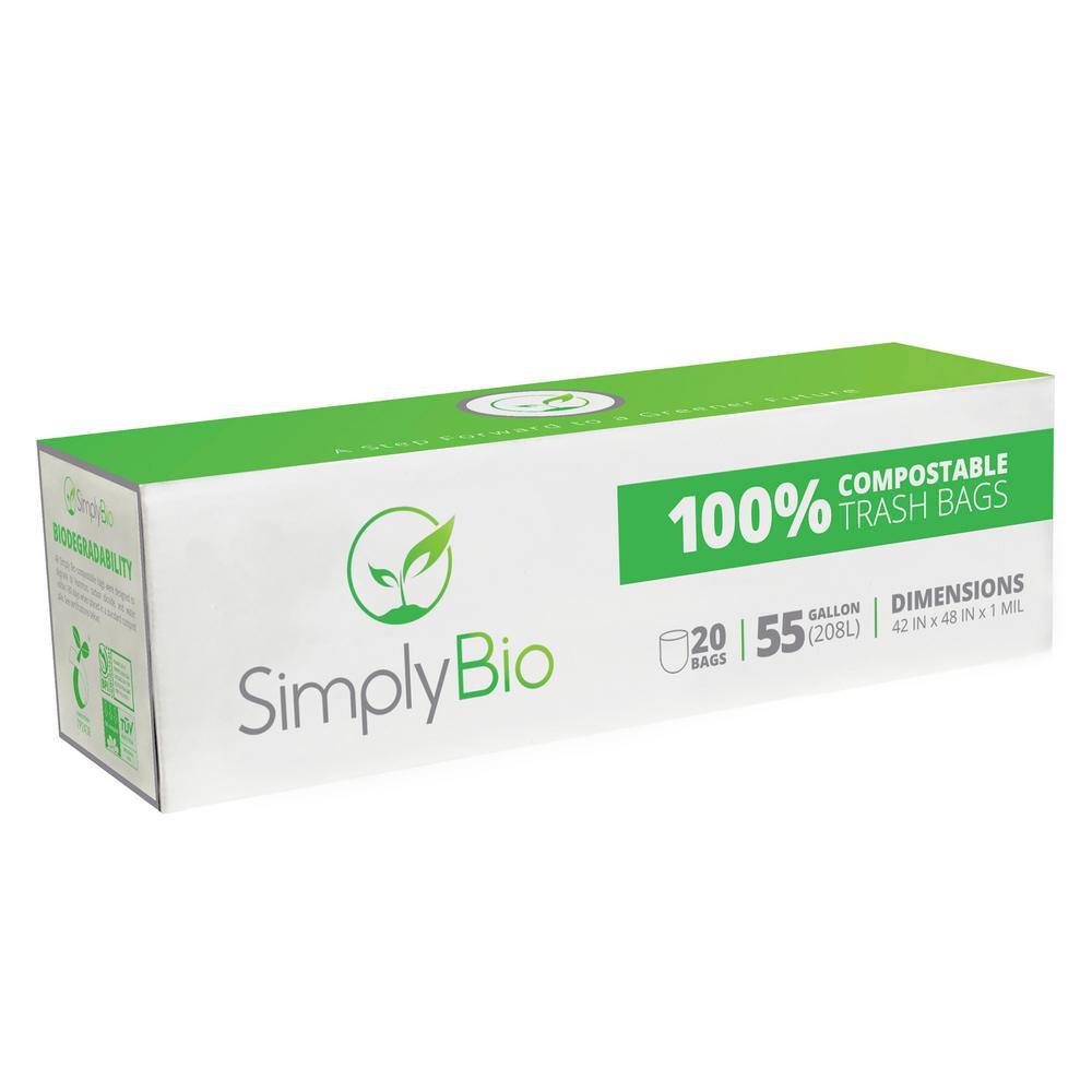 Simply Bio 55 Gal. Compostable Trash Bags with Flat Top Eco-Friendly Heavy-Duty (20-Count) SB-55GAL-F-20PK