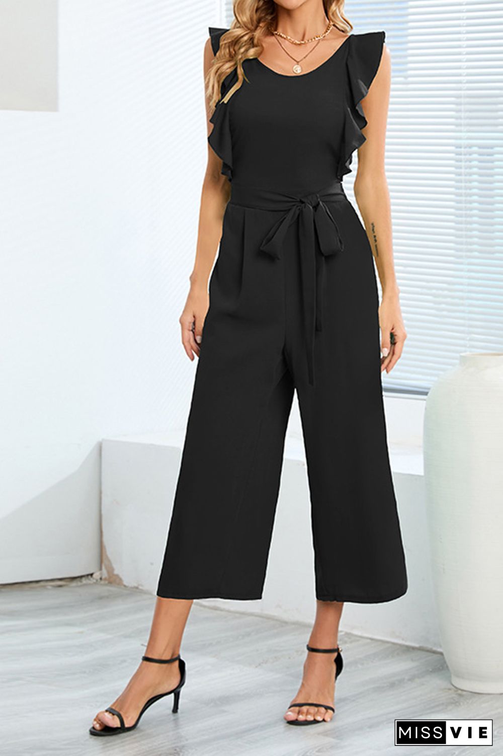 Plain Flutter Sleeveless Wide Leg Jumpsuit