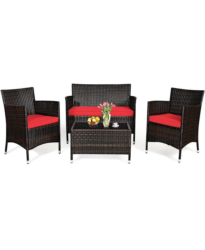 Costway 4PCS Patio Furniture Set Rattan Conversation Set W  Tempered Glass Coffee Table