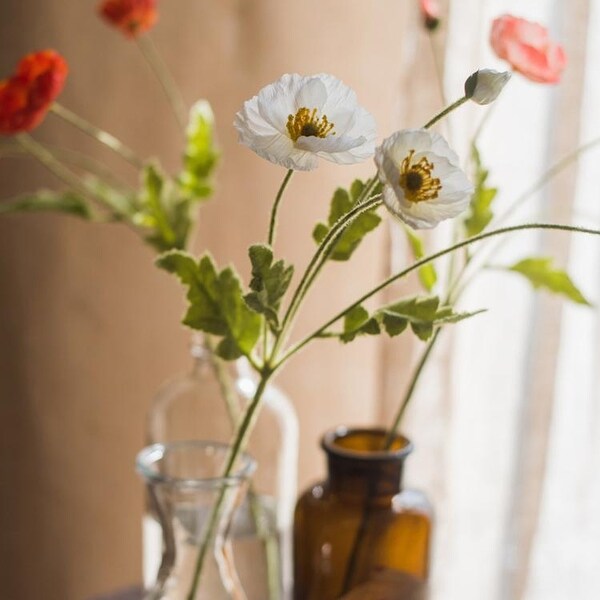 RusticReach Silk Common Poppy Flower Stem in Pink or White 22 Tall