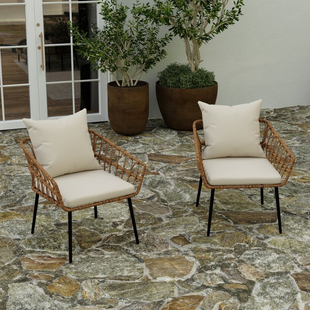 Merrick Lane Set Of Two Indoor outdoor Boho Style Open Weave Rattan Rope Patio Chairs With Cushions