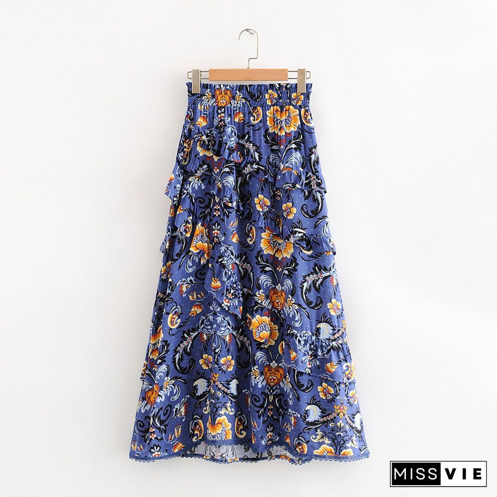 90s Fashion Retro Elastic Waist Paisley Ruffle Midi Skirt