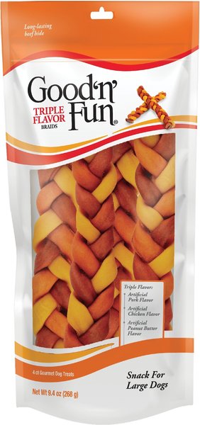 Good 'n' Fun Triple Flavor 9-in Braid Dog Treats， 4 count