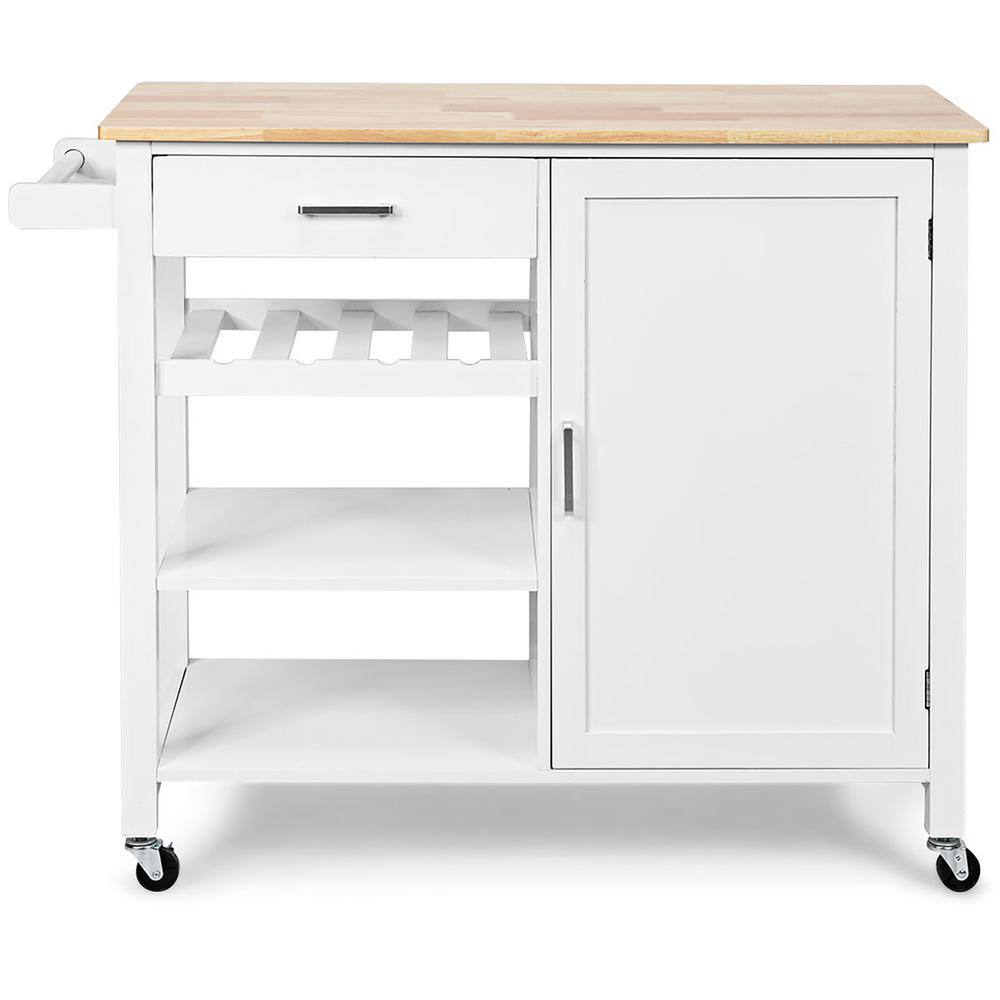 Costway 4-Tier White Wood Kitchen Island Trolley Cart Storage Cabinet with Wine Rack HW66112WH