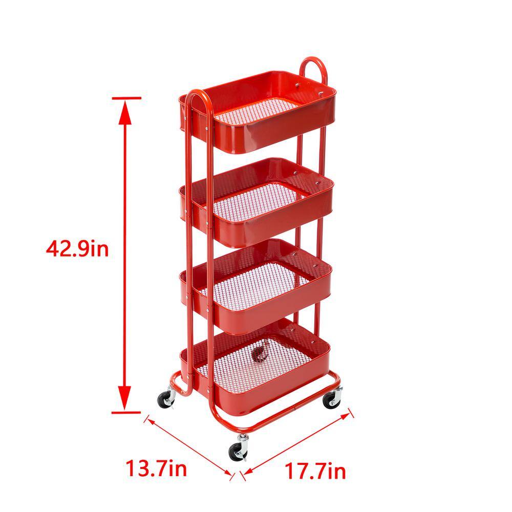 Huluwat 4-Tier Metal 4-Wheeled Shelves Storage Drawer Cart in Red RY-TC-USBO4507