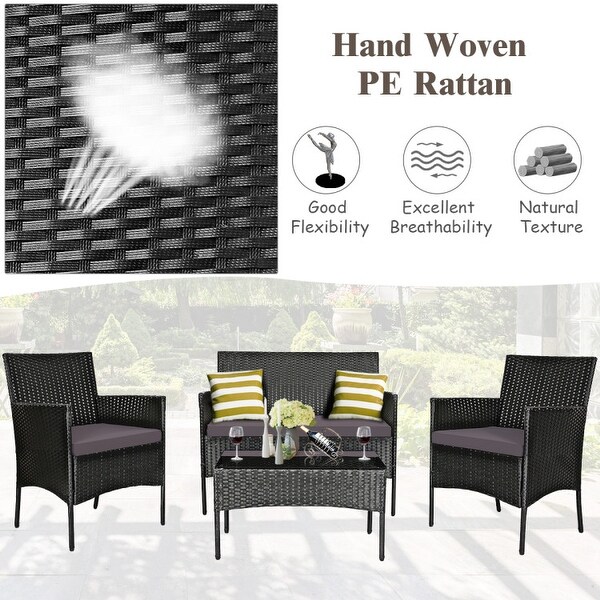 4 Pcs Patio Rattan Cushioned Sofa Furniture Set with Tempered Glass Coffee Table - 24