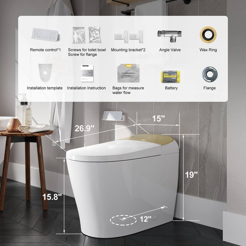 HOROW Tankless Elongated Smart Toilet Bidet in Golden with Auto Flush Heated Seat Warm Air Dryer Bubble Infusion Wash T3