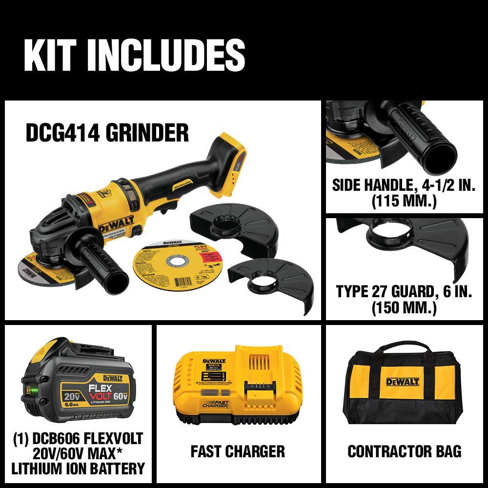 DW FLEXVOLT 60V MAX Cordless Brushless 4.5 in. Angle Grinder with Kickback Brake and (1) FLEXVOLT 6.0Ah Battery DCG414T1