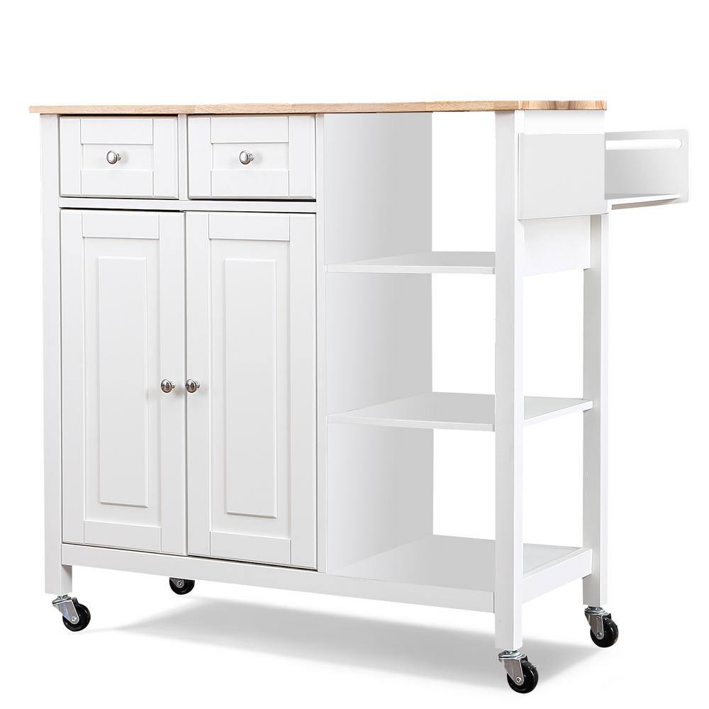 White Kitchen Island on Wheels Kitchen Cart with Cabinet 3-Layer Shelves Wood Countertop Mobile Storage Islands 1009-ISLAND-WHI