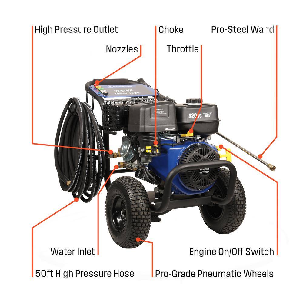 Westinghouse WPX 4400 psi 4.2 GPM 420 CC Cold Water Gas Powered Triplex Pump Pressure Washer with 5 Quick Connect Nozzles WPX4400