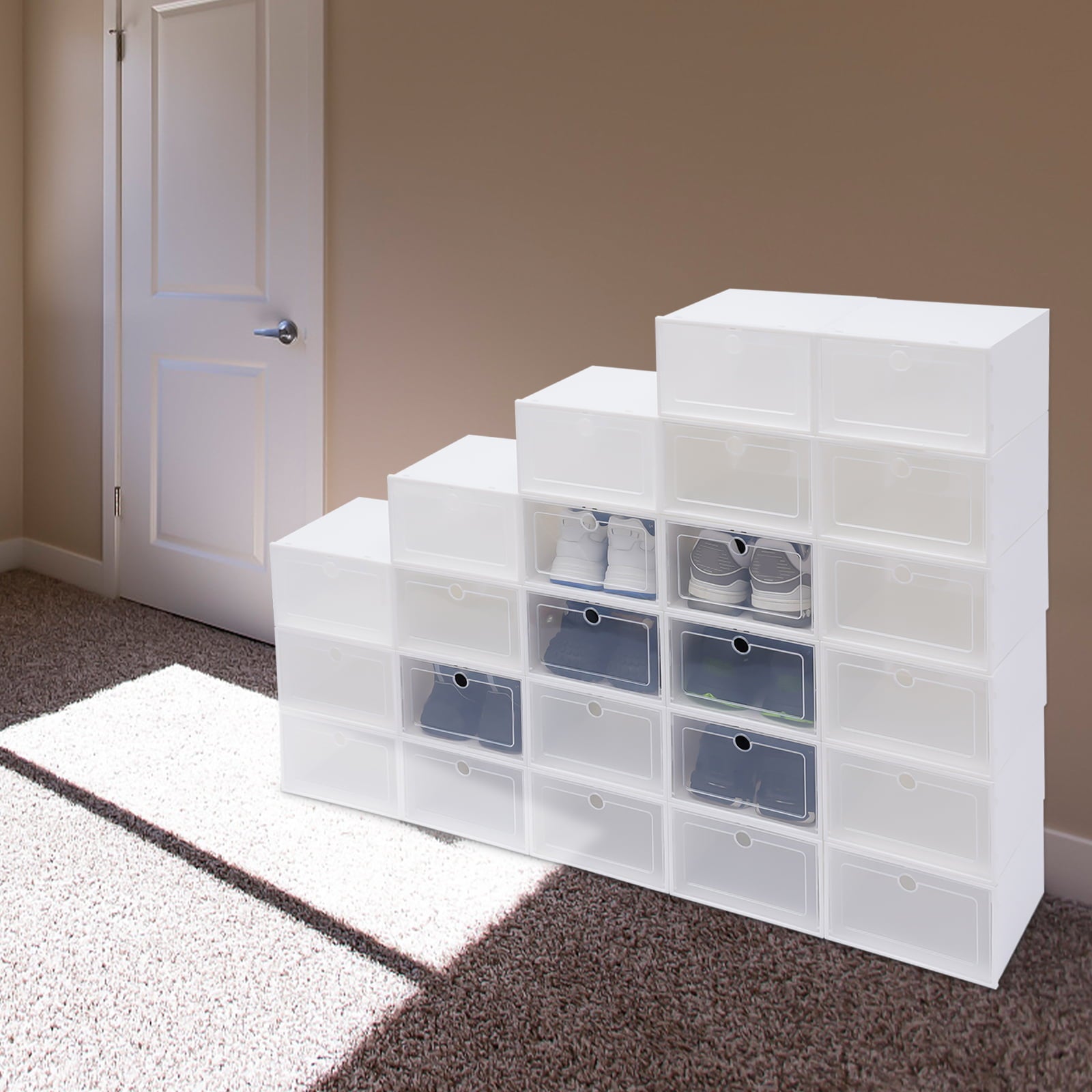 Anqidi 24Pcs Shoe Organizer， Foldable White Plastic Shoe Storage Boxes 12.99*9.06*5.51 In