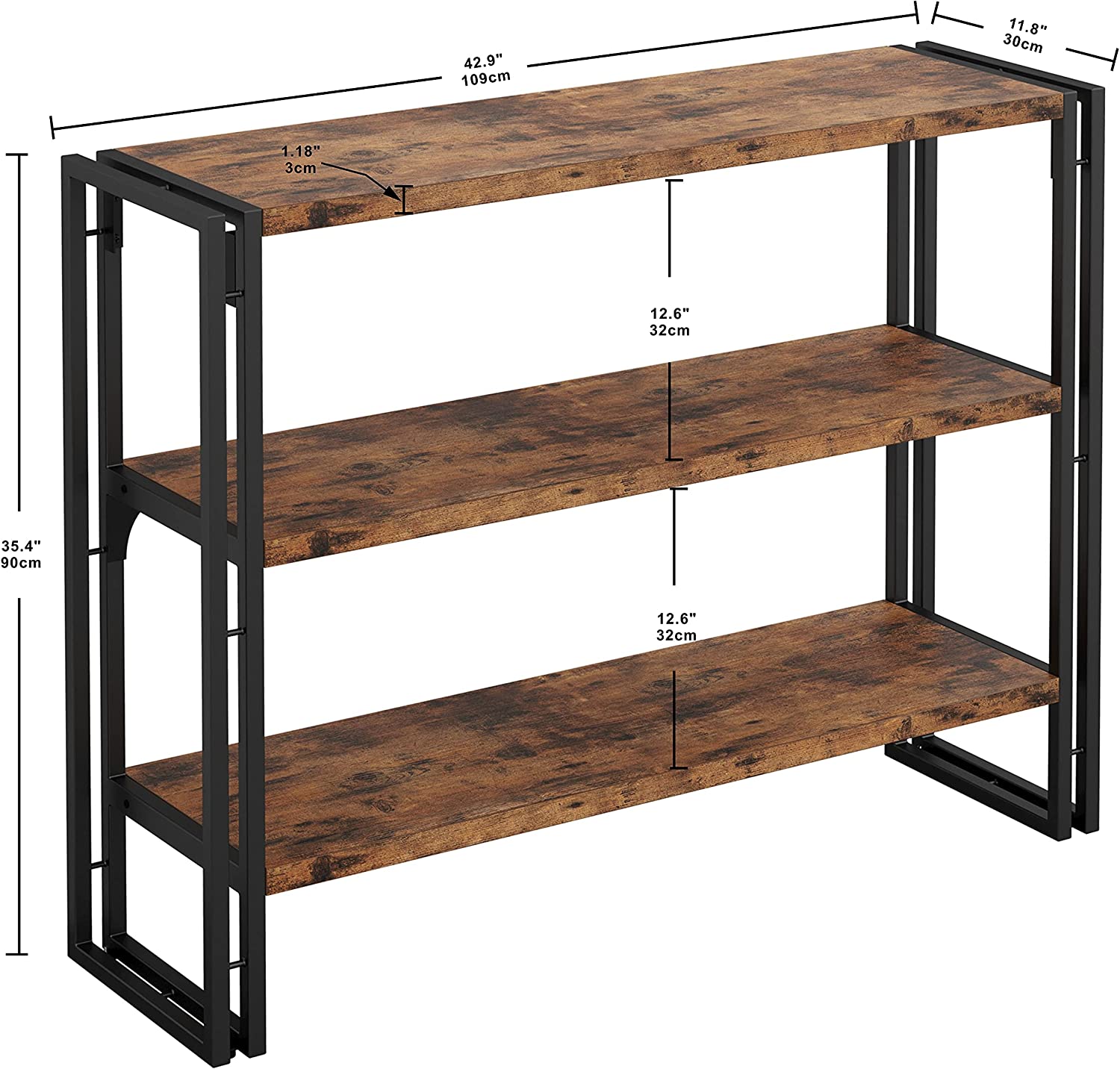 43 inch Bookshelf 3-tier Industrial Bookcase Wood Storage Shelf