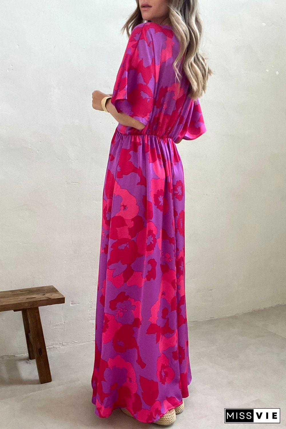 Rose Abstract Floral Print V Neck Dolman Maxi Dress