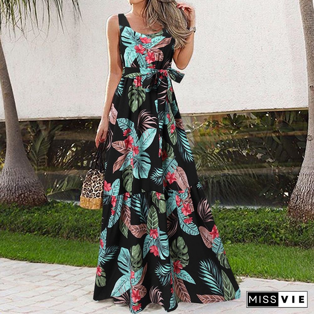 Summer Women Floral Printed Long Dress Sleeveless Bohemian Holiday Party Casual Pleated Maxi Dress Plus Size