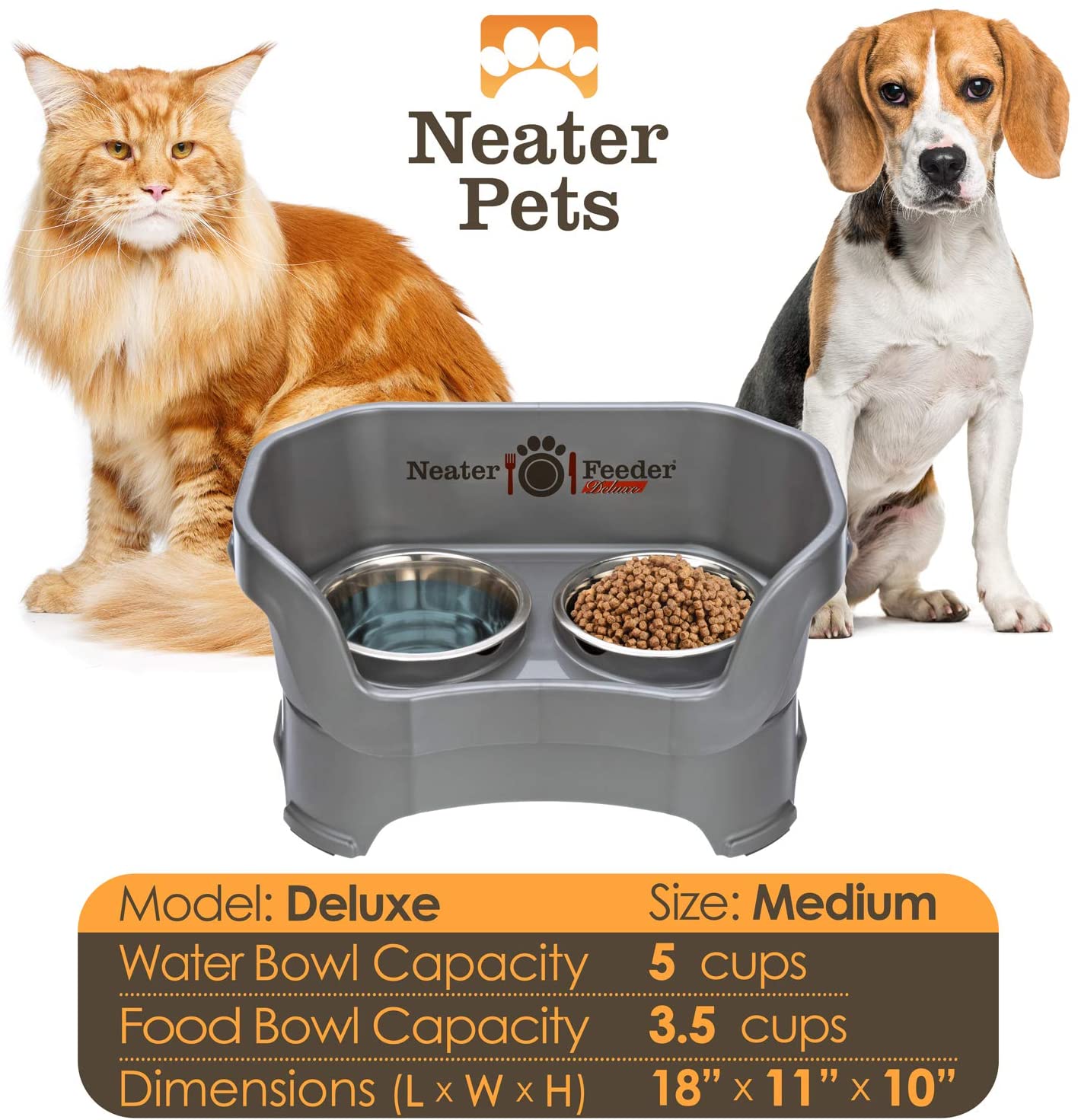 Neater Pets Neater Feeder Deluxe Mess-Proof Elevated Food and Water Bowls for Medium Dogs， Gunmetal