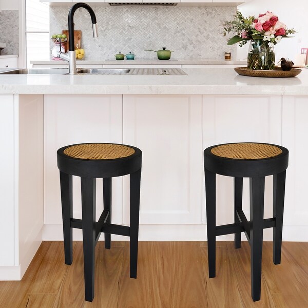 Mila Black Backless Teak and Cane Bar Stool， 28