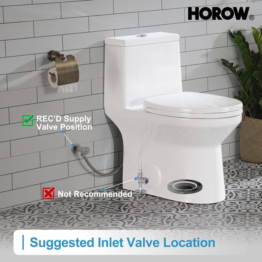 HOROW 1-piece 0.8 GPF1.28 GPF High Efficiency Dual Flush Elongated Toilet in. White Soft-Close Seat Included ADA Height HR-0138