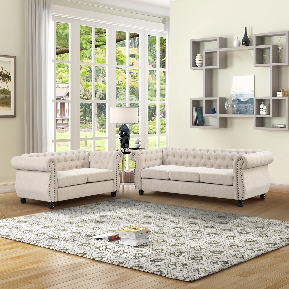 Morden Fort Lovaseat and Sofa Set Tufted Upholstered Chesterfield Furniture Set