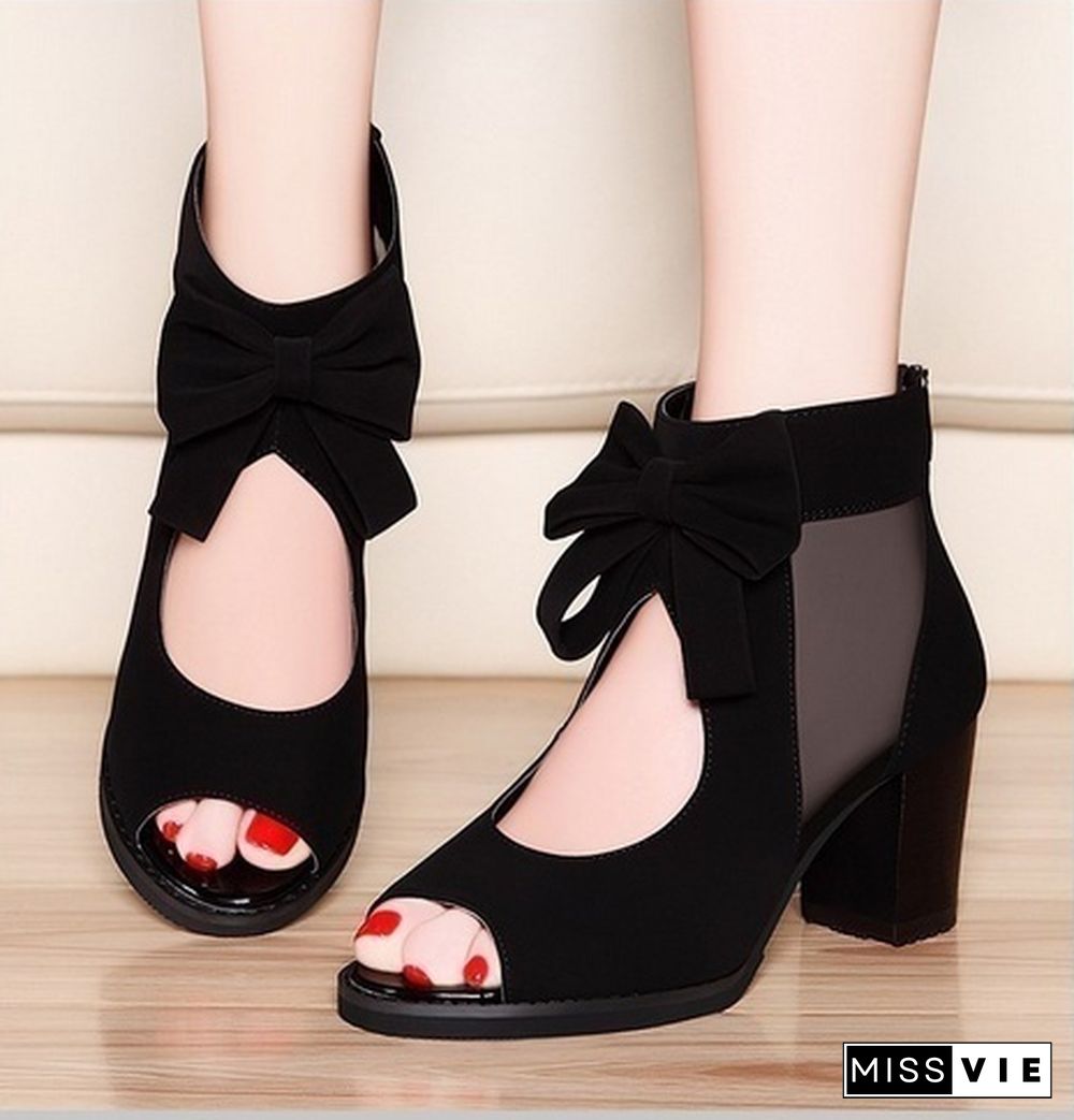 Summer Women Mesh Sandals Sexy Peep Toe Bowtie Thick High Heels Shoes Woman Sandals Women Shoes