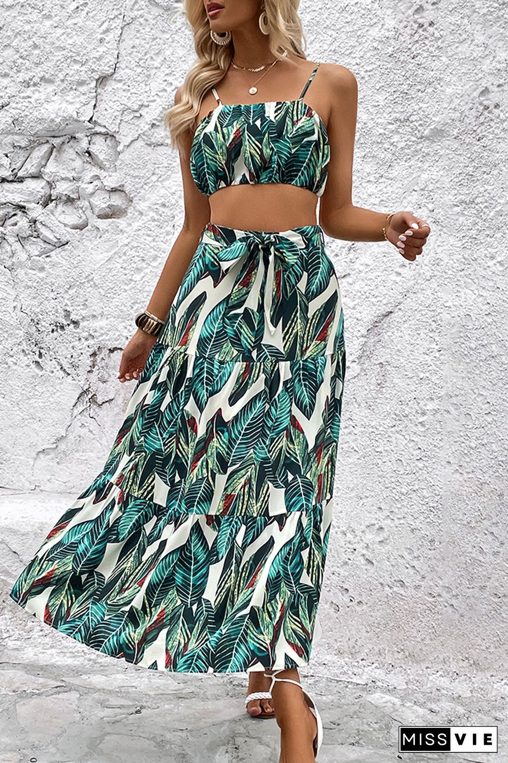 Green Palma Print Spaghetti Top and Skirt 2PCS Set