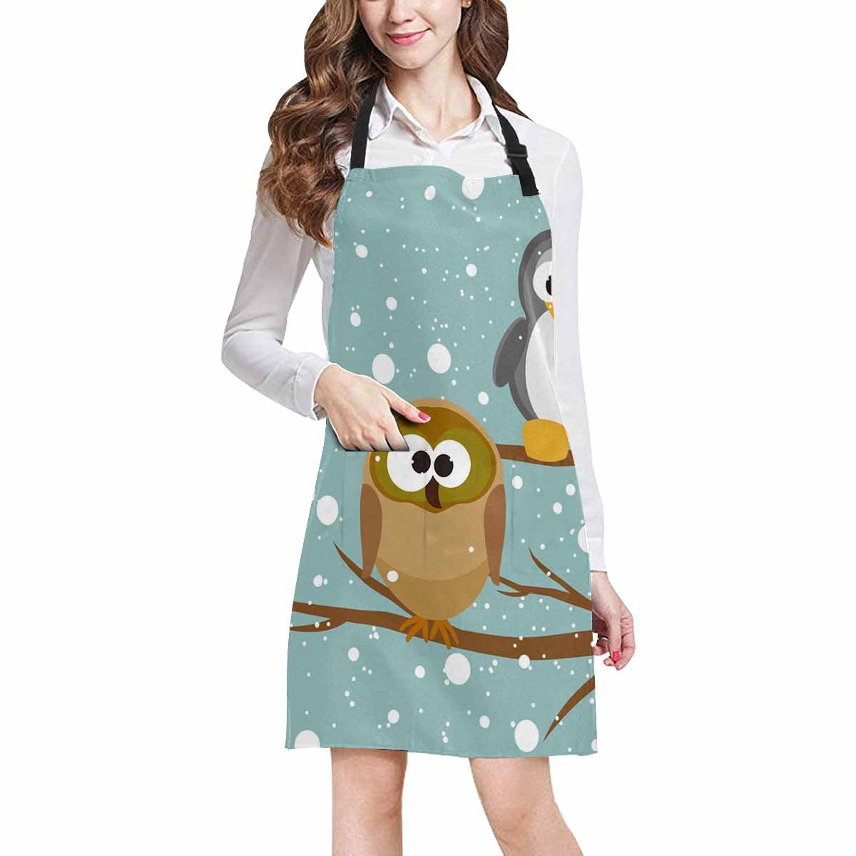 ASHLEIGH Funny Owl and Penguin on a Tree under Snowfall Adjustable Bib Apron with Pockets Commercial Restaurant and Home Kitchen Apron for Women Men