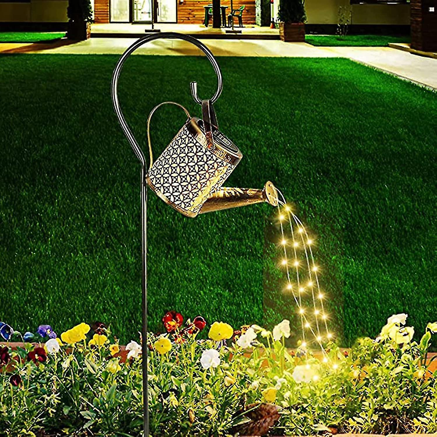 Outdoor Solar Led Watering Can Light Waterproof Hollow Design Metal Retro Decor Garden Tabletop Patio Yard Pathway (with Stand)